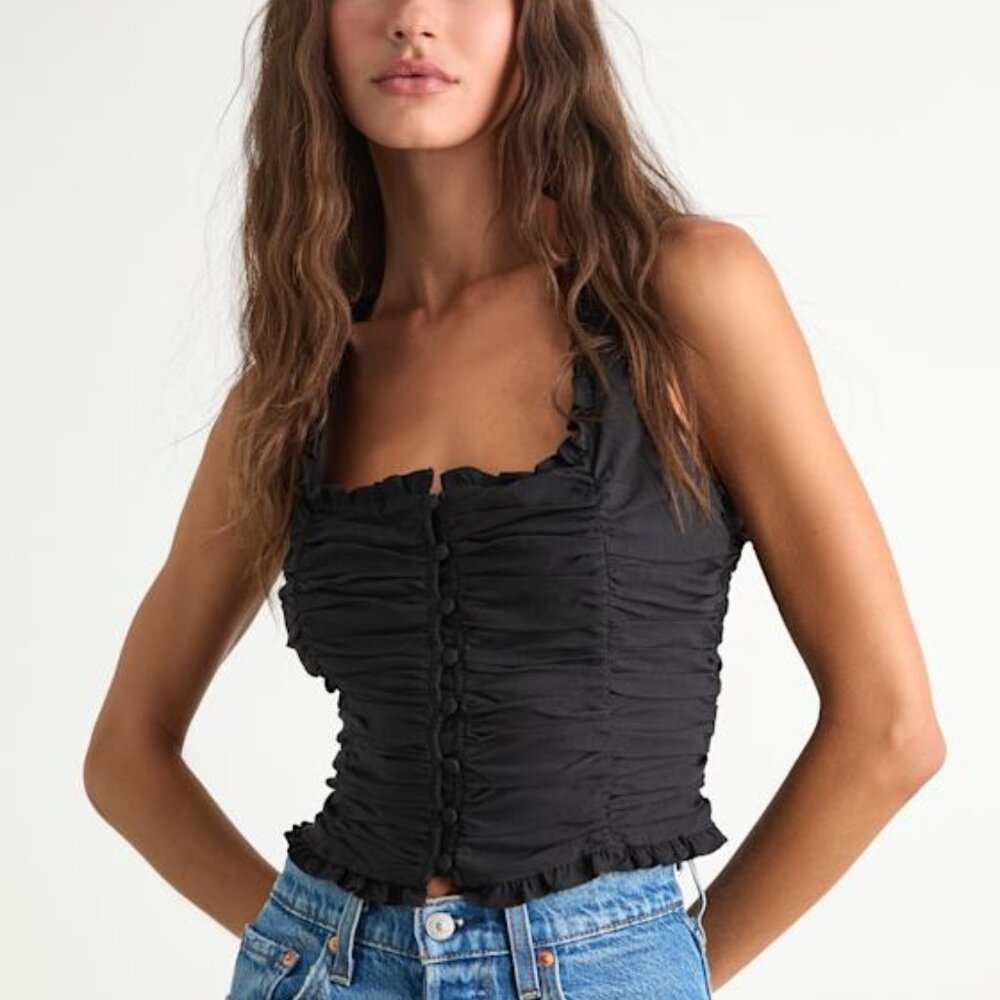 Lulus Rachael Black Ruched Button-front Tank Top - Size S
